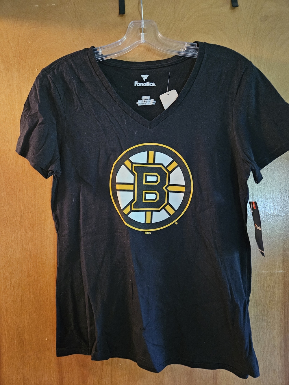 Fanatics Black Boston Bruins V-Neck Short Sleeve Tee with Yellow & White Logo